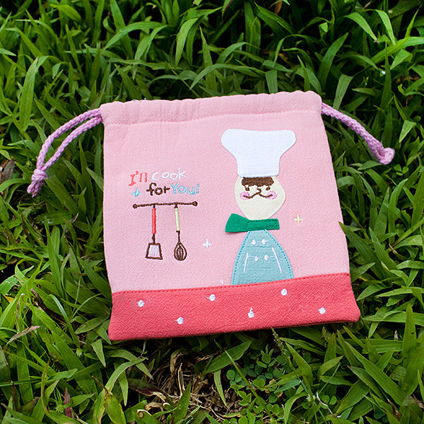 [Cook for you] Embroidered Applique Fabric Art Draw String Bag
