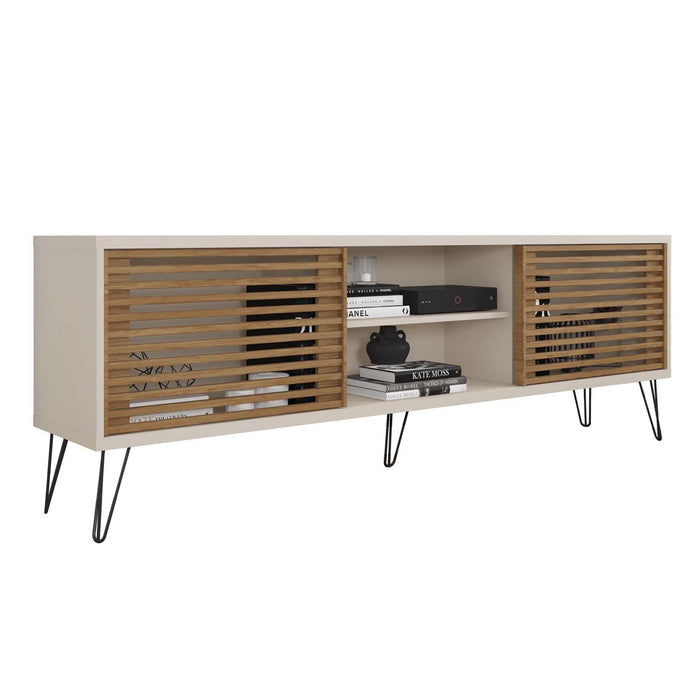 DunaWest Arthur Wooden TV Stand with 2 Slatted Sliding Doors, Brown and Off White