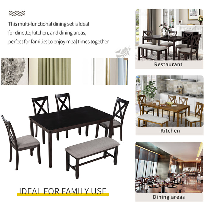 6-Piece Kitchen Dining Table Set Wooden Rectangular Dining Table, 4 Fabric Chairs and Bench Family Furniture