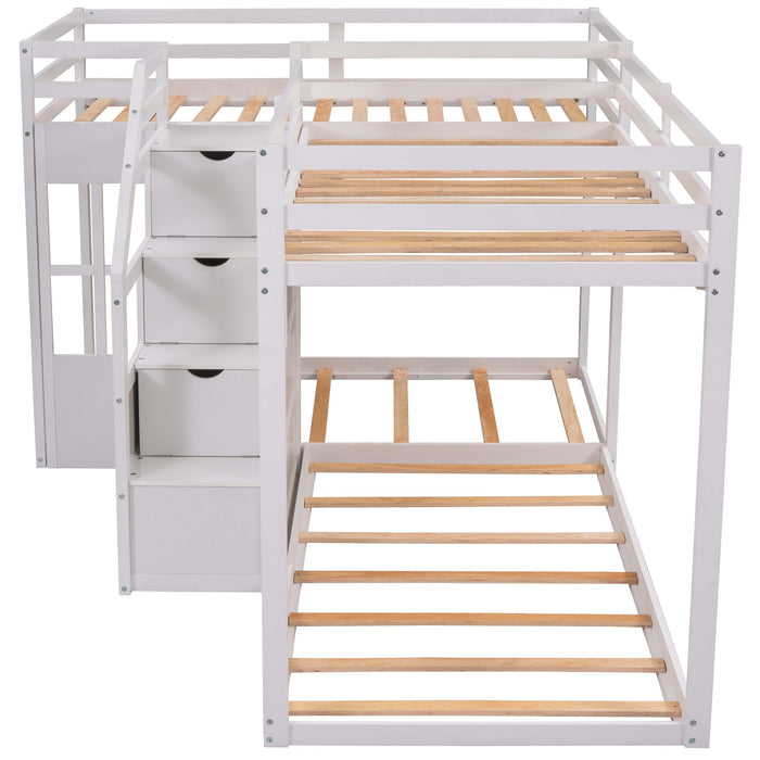 Twin over Twin L-Shaped Bunk Bed with Built-in Middle Staircase