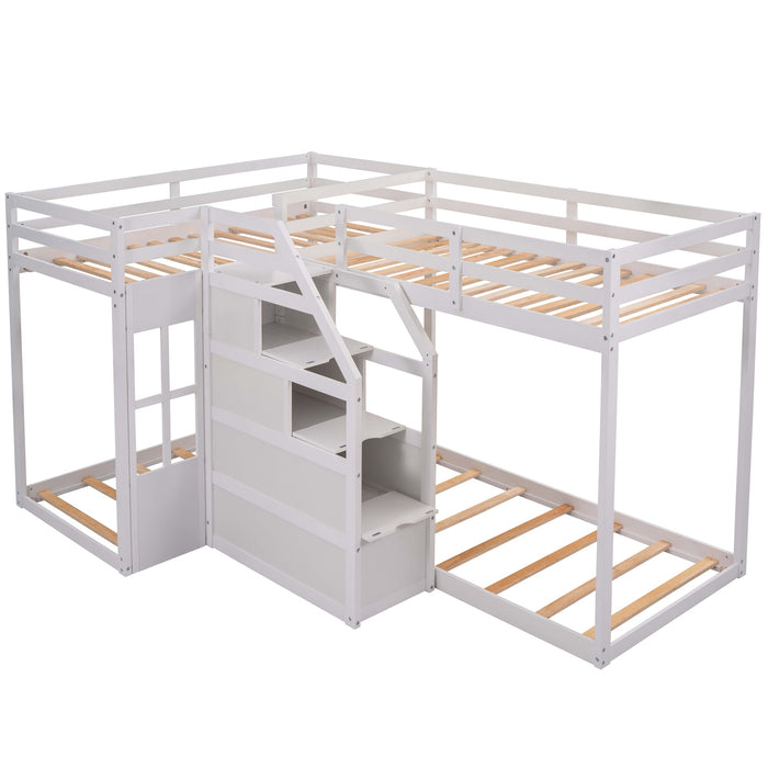 Twin over Twin L-Shaped Bunk Bed with Built-in Middle Staircase