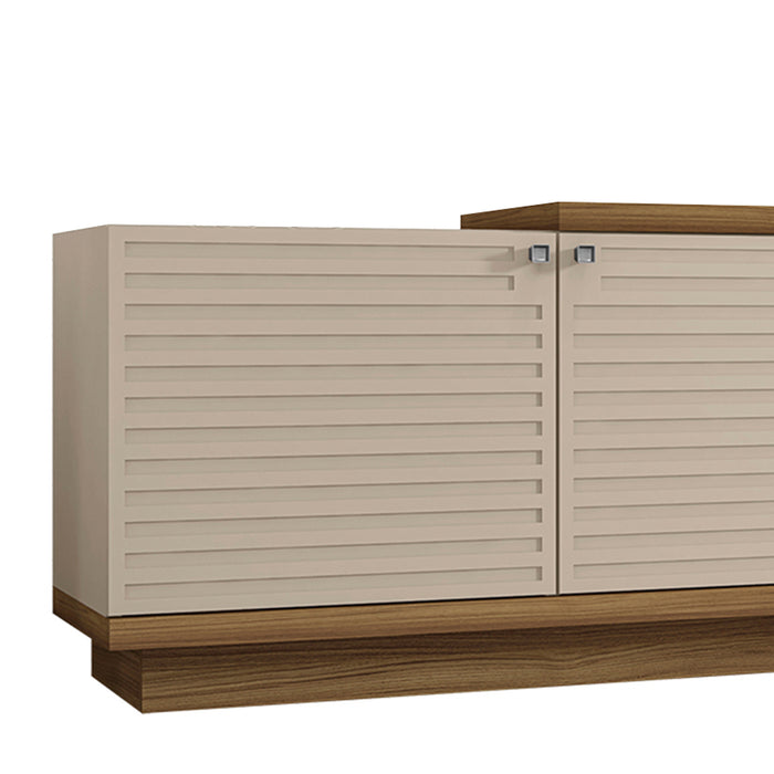 DunaWest 76.77 Inch Wooden TV Stand with 3 Doors and Grain Details, Brown and Off White