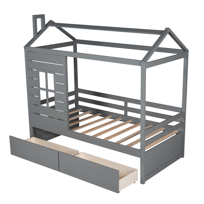 Twin Size House Bed Wood Bed with Two Drawers
