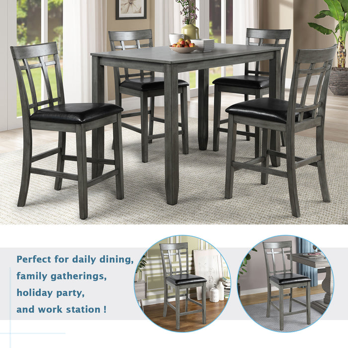 5 Piece Vintage Rectangular Counter Height Bar Table with 4 chairs, Wood Dining Table and Chair Set for Dining Room, Pub and Bistro (Antique Graywash)