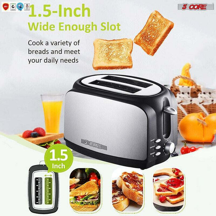 Toaster 2 Slice Stainless Steel Bread Toster Extra Wide Reheat Functions Removable Crumb Tray