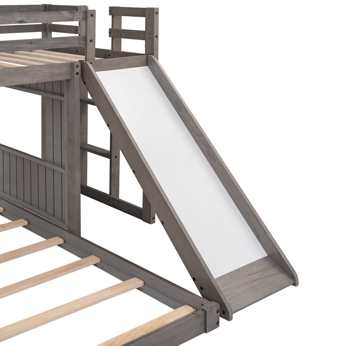 New Space Wooden Twin Over Full Bunk Bed, Loft Bed with Playhouse