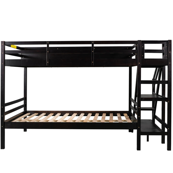 New Space Twin over Full Bunk Bed with Staircase and Built-in Storage Cabinets