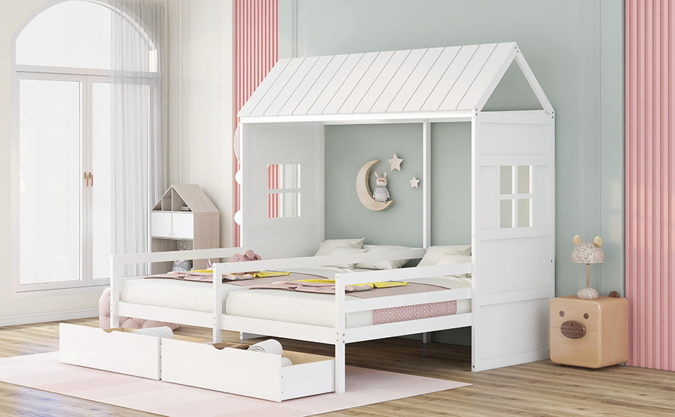 New Space Twin Twin House Bed with 2 Drawers White