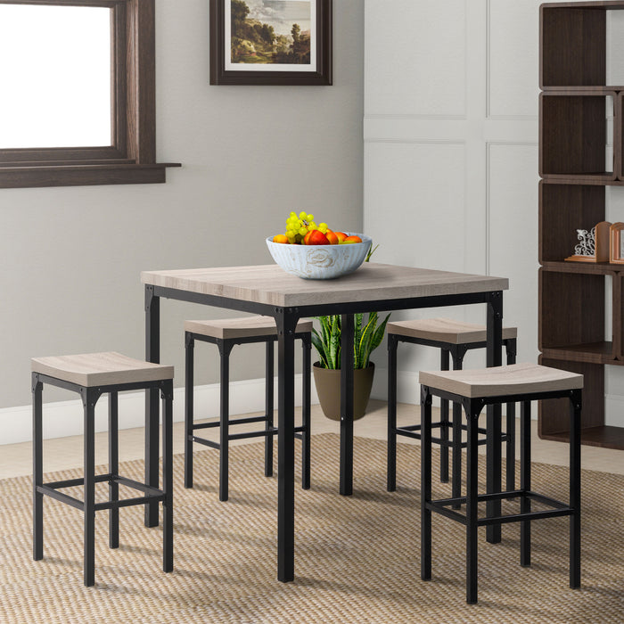 DunaWest 36 Inch 5 Piece Counter Height Dining Table and Stool Set;  Square Wood Top;  Iron Frame;  Gray;  Black