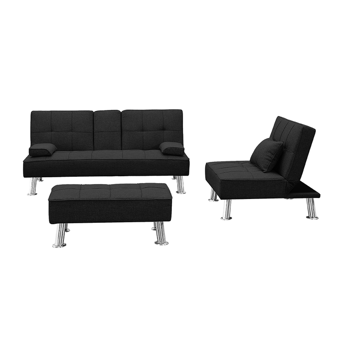 Fabric Folding Sofa Bed with 2 Cup Holders, Removable Armrest and Metal Legs, Single Sofa Bed with Ottoman,3 pcs for 1 sets