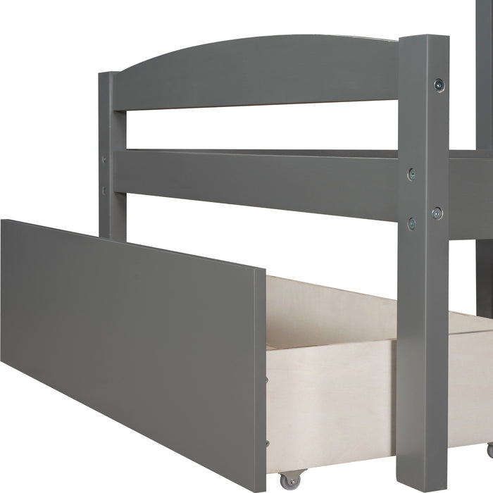 Twin Over Twin L-shaped Bunk Bed with Two Drawers, Pine Wood Bed Frame