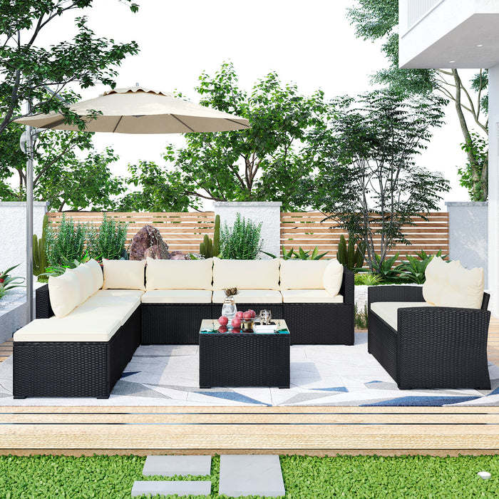 9-piece Outdoor Patio Large Wicker Sofa Set, Rattan Sofa set for Garden, Backyard,Porch and Poolside, Black wicker, Beige Cushion