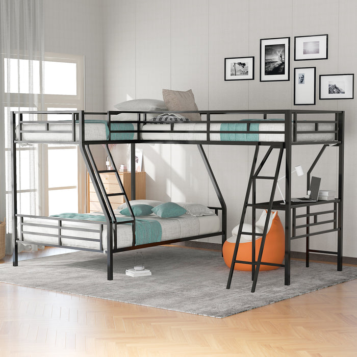 Twin over Full Bunk Bed with a Twin Size Loft Bed attached, with a Desk, Metal