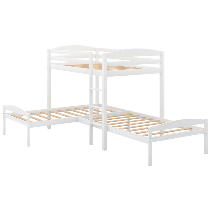 Twin over Twin over Twin Bed, L-shaped Bunk Bed, Pine Wood Bed Frame
