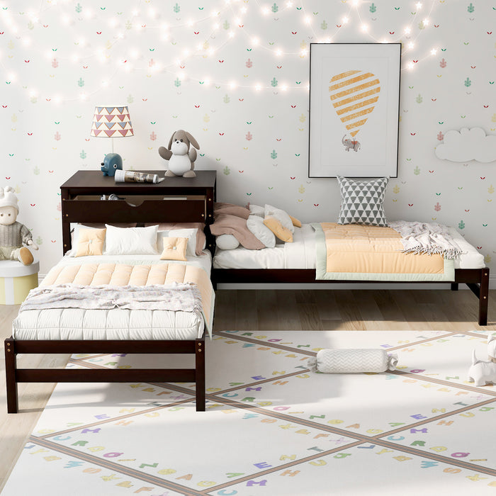 Grenco Twin Size L-Shaped Platform Beds with Drawers