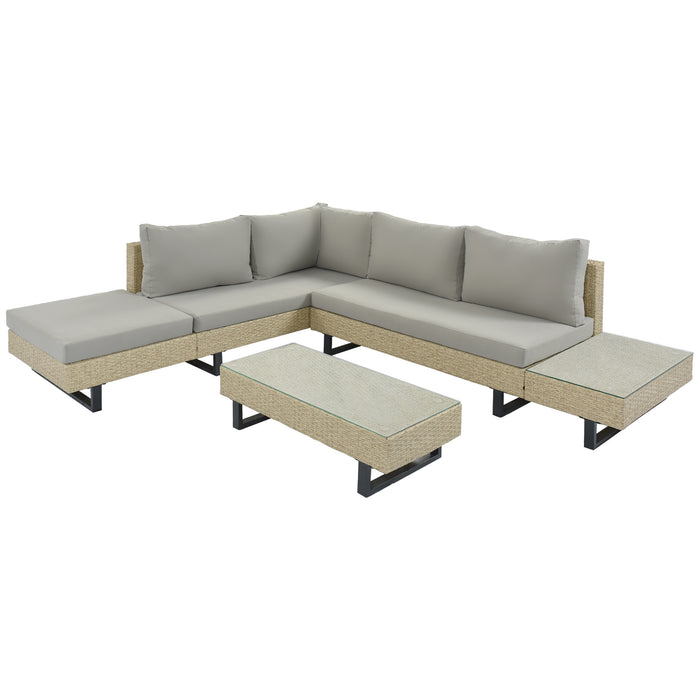 3-piece Outdoor Wicker Sofa Patio Furniture Set, L-shaped Corner Sofa, Water And UV Protected, Two Glass Table, Adjustable Feet And 3.1" Thicker Cushion, Light Gray Cushion and Beige Wicker