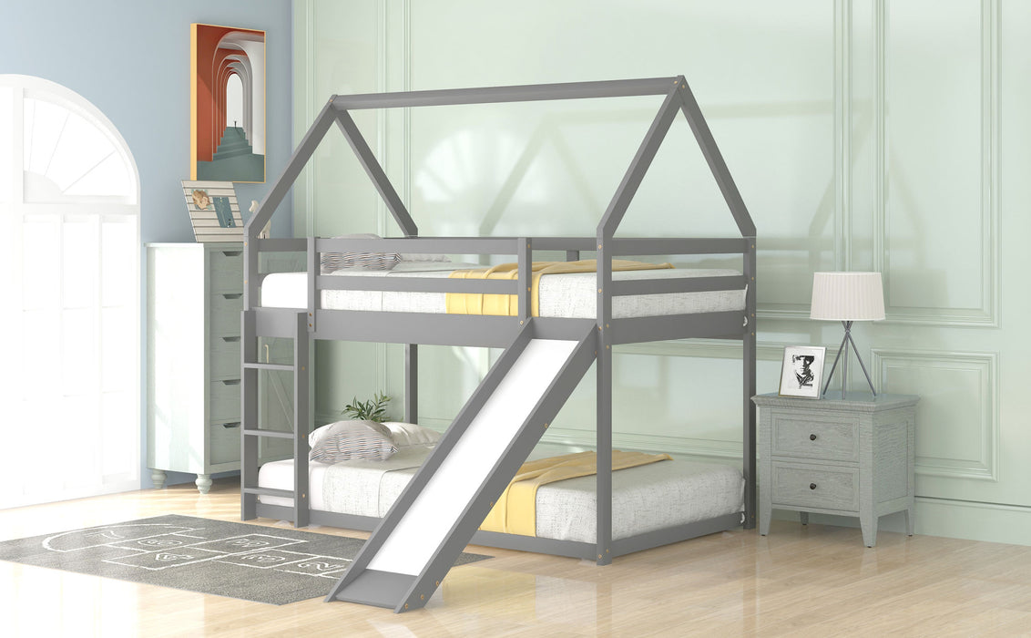 Twin over Twin Low Bunk Bed, House Bed with Ladder , White
