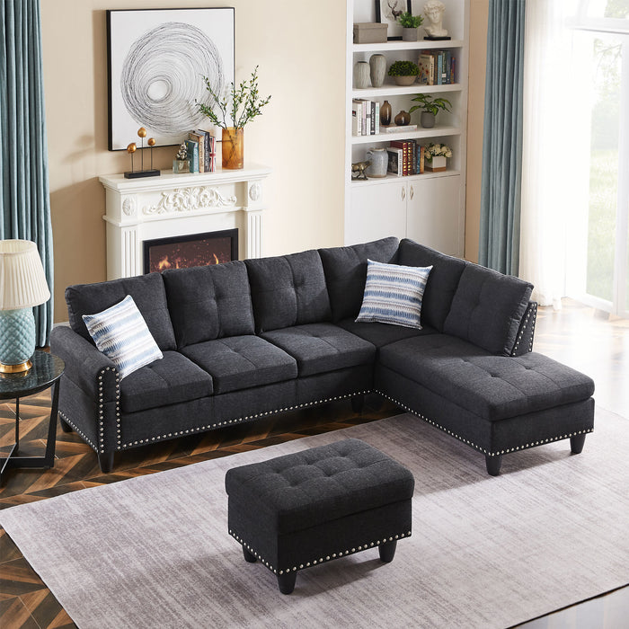 Modern Sectional Sofa Set with Chaise Lounge and Storage Ottoman 6 Seat Corner Sectional Black L Shaped Living Room Couch with Cupholder, Arm with nail, Right chaise