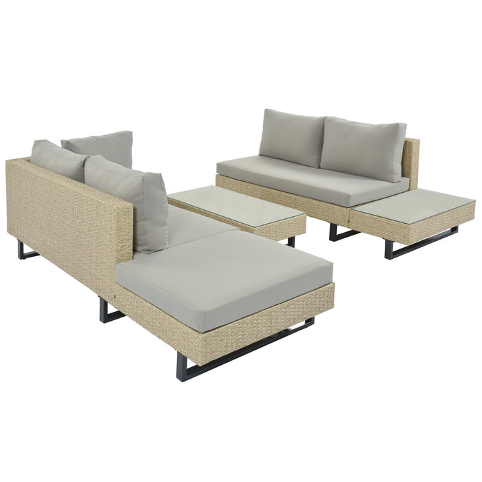 3-piece Outdoor Wicker Sofa Patio Furniture Set, L-shaped Corner Sofa, Water And UV Protected, Two Glass Table, Adjustable Feet And 3.1" Thicker Cushion, Light Gray Cushion and Beige Wicker