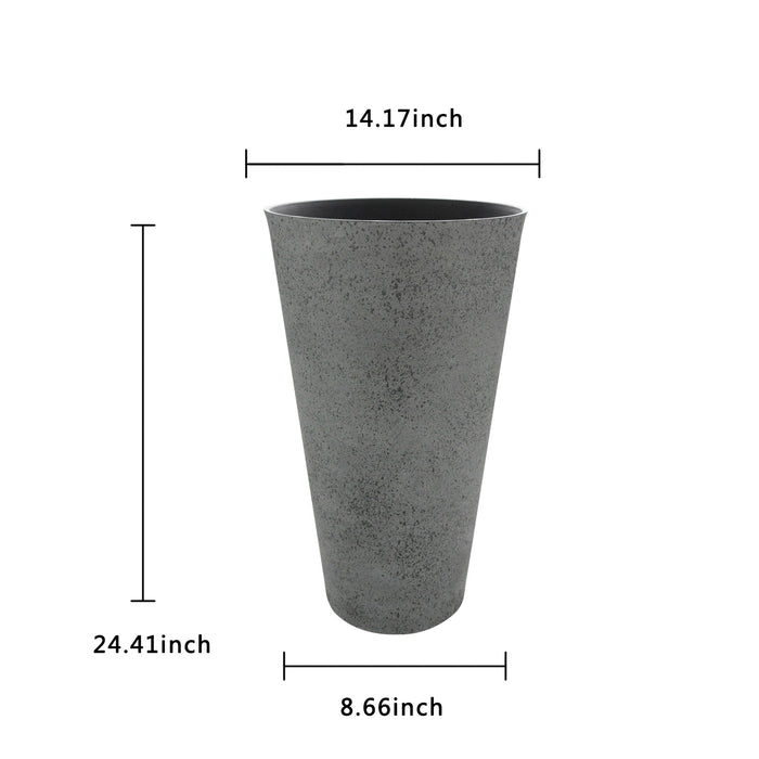 2 Pcs 24"H Tall Planters Plastic Plant Pots with Drainage, 14"W Large Round Tree Pot with Cement Pattern, Dark Grey