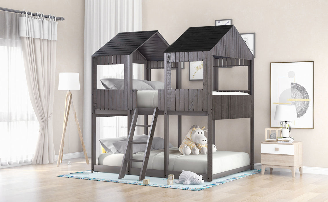 New Space Full Over Full Wood Bunk Bed with Roof Window