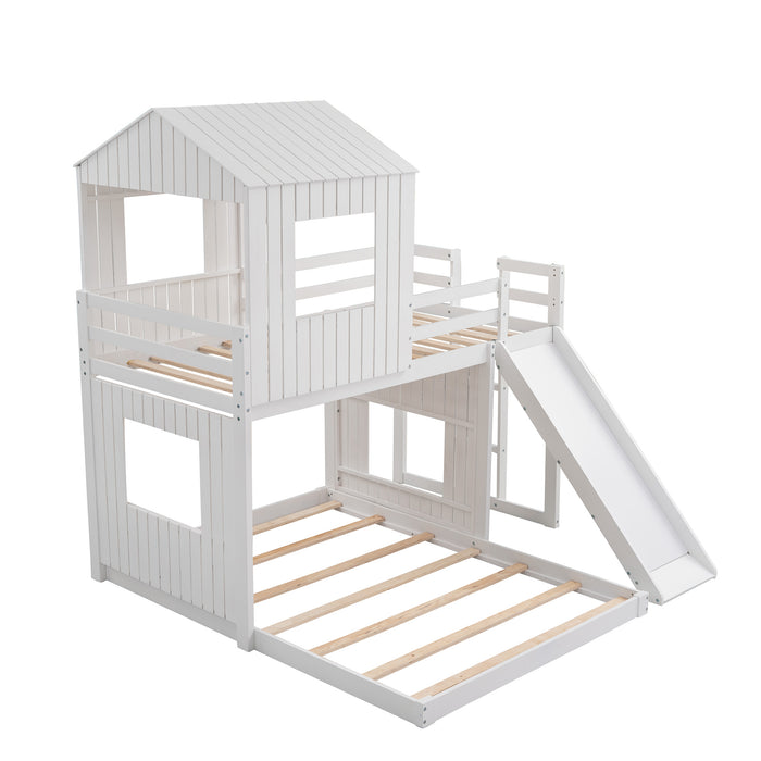 New Space Wooden Twin Over Full Bunk Bed, Loft Bed with Playhouse