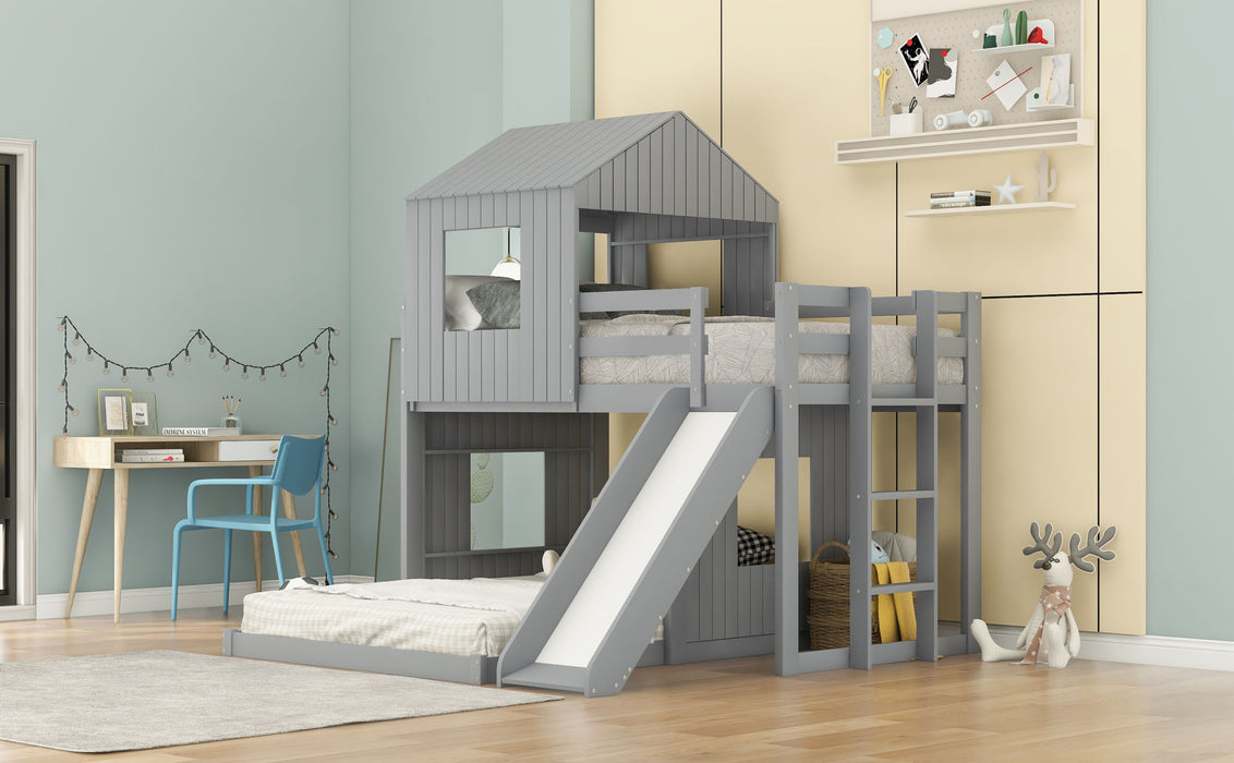 New Space Wooden Twin Over Full Bunk Bed, Loft Bed with Playhouse
