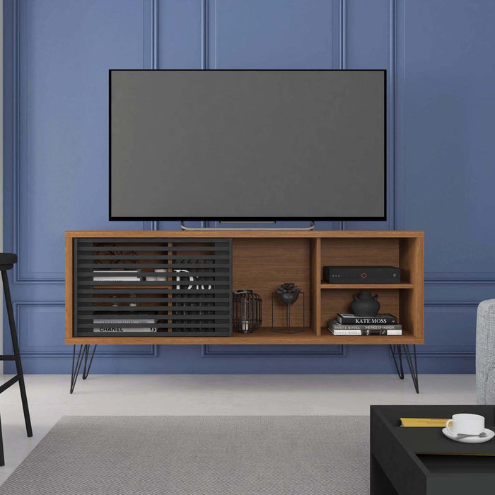 DunaWest Arthur 54 Inch Wooden TV Stand with 1 Sliding Door, Walnut Brown and Black