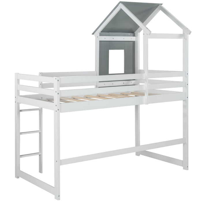 Twin Size Loft Bed with Roof, House Bed, Gray and White