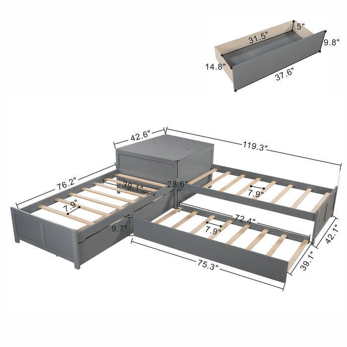 L-shaped Platform Bed with Trundle and Drawers Linked with built-in Flip Square Table,Twin