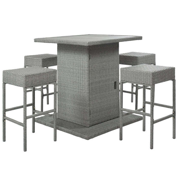 Patio 5-Piece Rattan Dining Table Set, PE Wicker Square Kitchen Table Set with Storage Shelf and 4 Padded Stools for Poolside, Garden, Gray Wicker+Dark Gray Cushion