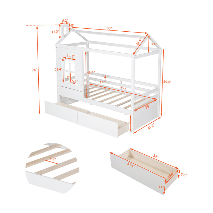 Twin Size House Bed Wood Bed with Two Drawers