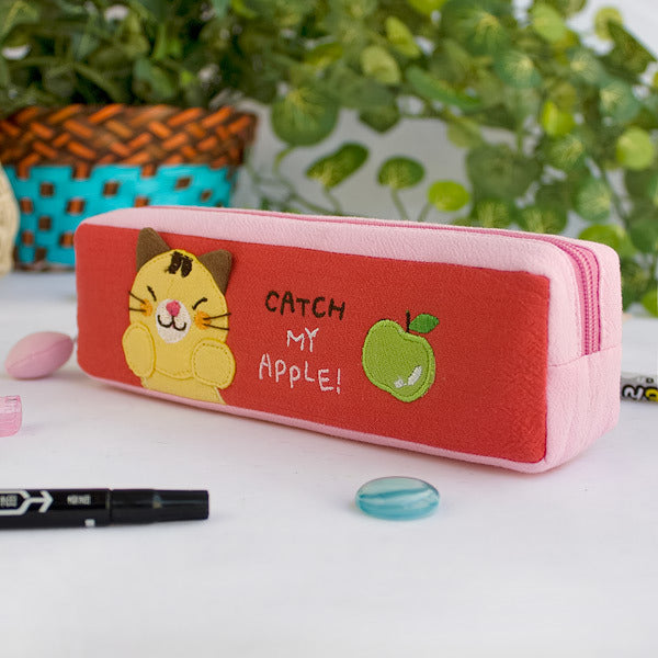 [Catch My Apple] Embroidered Applique Pencil Pouch Bag / Cosmetic Bag / Carrying Case (7.5*2.2*1.6)
