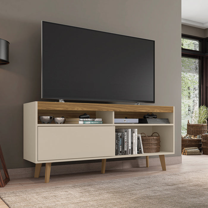DunaWest 54 Inch Wooden TV Stand with 1 Door and 2 Compartments, Brown and Off White
