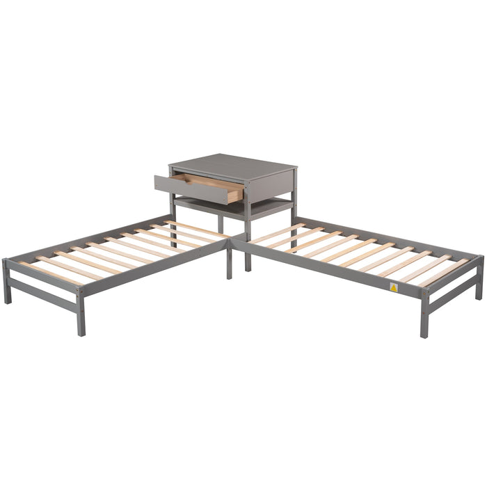 Grenco Twin Size L-Shaped Platform Beds with Drawers