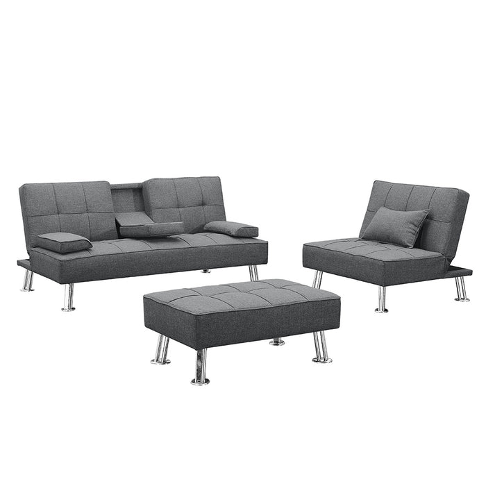 Fabric Folding Sofa Bed with 2 Cup Holders, Removable Armrest and Metal Legs, Single Sofa Bed with Ottoman,3 pcs for 1 sets