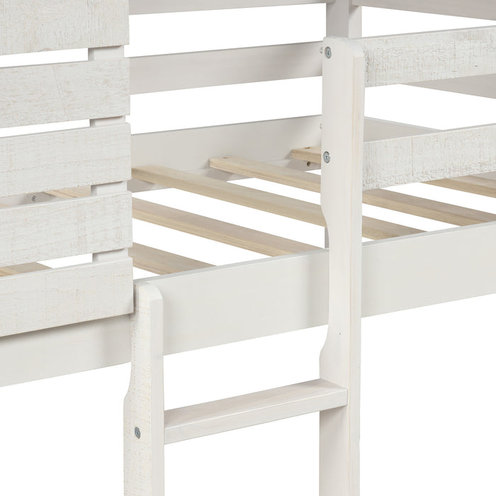 Twin Over Twin Bunk Bed Wood Loft Bed with Roof, Window, Guardrail, Ladder