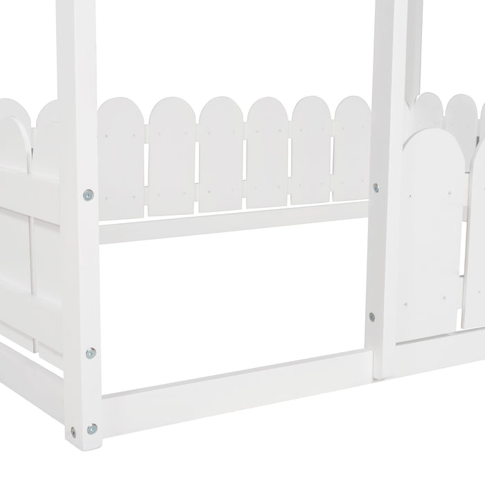 (Slats are not included) Full Size Wood Bed House Bed Frame with Fence, for Kids, Teens, Girls, Boys
