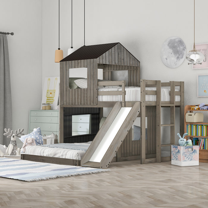 New Space Wooden Twin Over Full Bunk Bed, Loft Bed with Playhouse