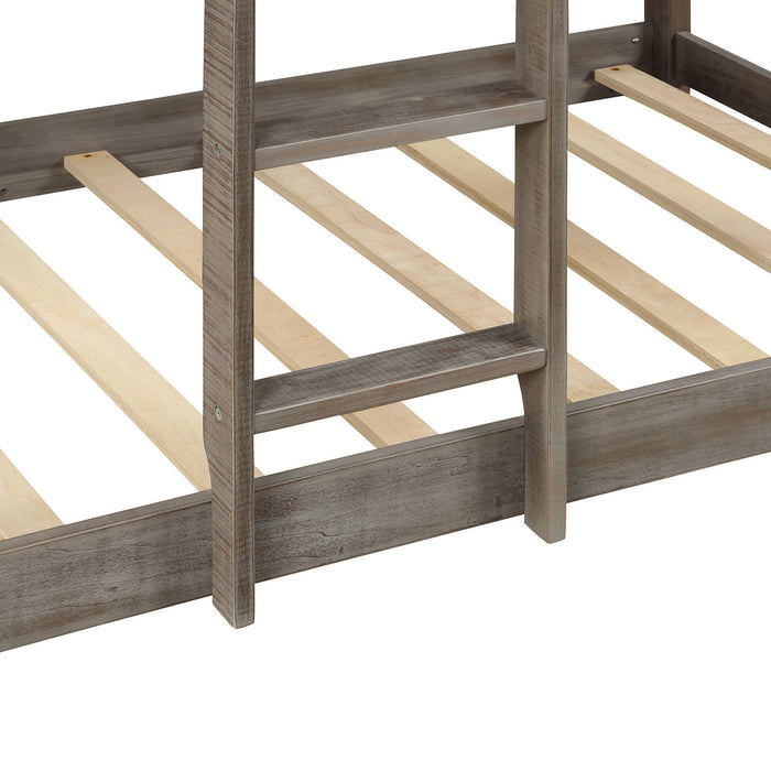 Twin Over Twin Bunk Bed Wood Loft Bed with Roof, Window, Guardrail, Ladder