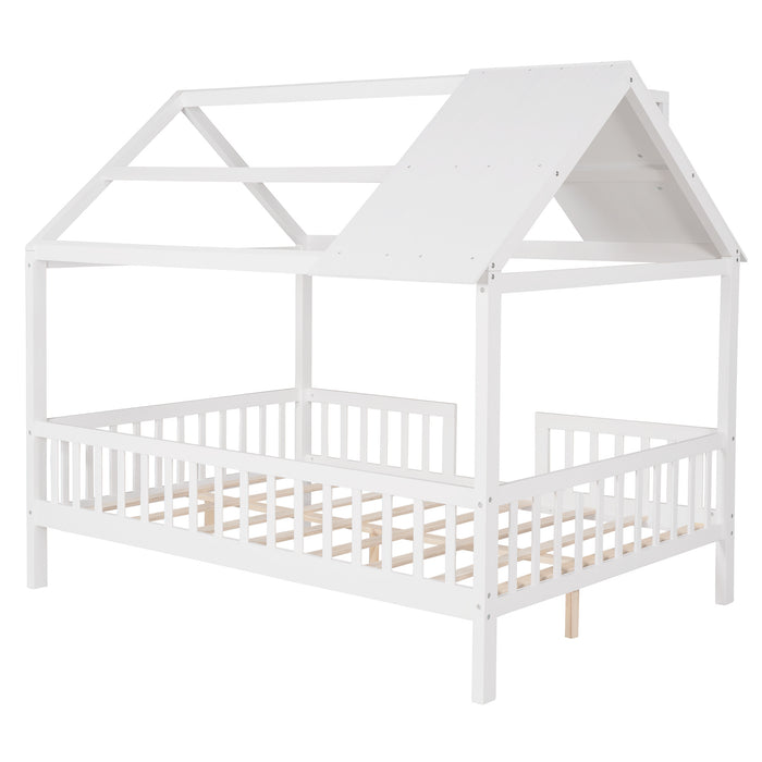 Full Size Wood House Bed with Fence