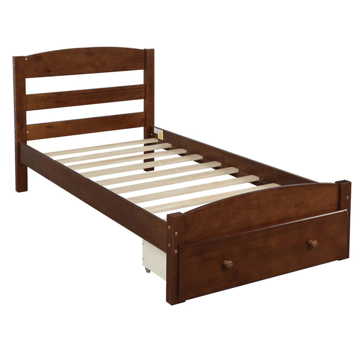 Platform Twin Bed Frame with Storage Drawer and Wood Slat Support No Box Spring Needed