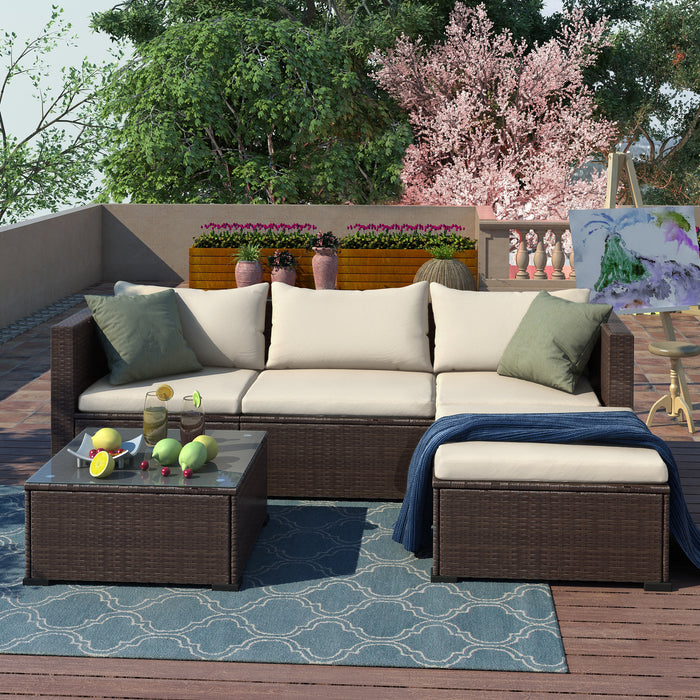 5 Pieces All-Weather Outdoor Sectional Rattan Sofa Wicker Patio Conversation Set with Glass Table and Thick Cushion