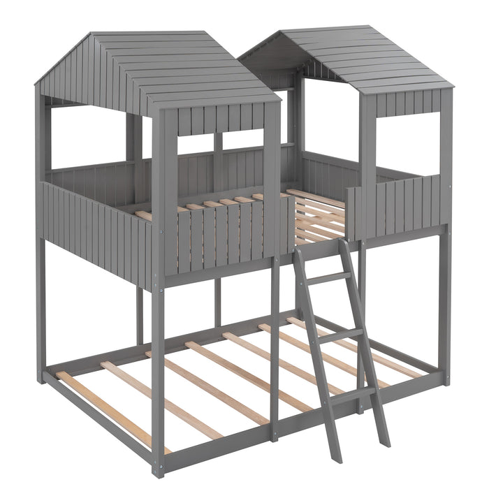 New Space Full Over Full Wood Bunk Bed with Roof Window