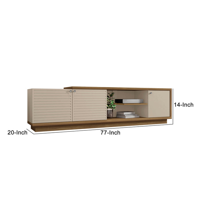 DunaWest 76.77 Inch Wooden TV Stand with 3 Doors and Grain Details, Brown and Off White