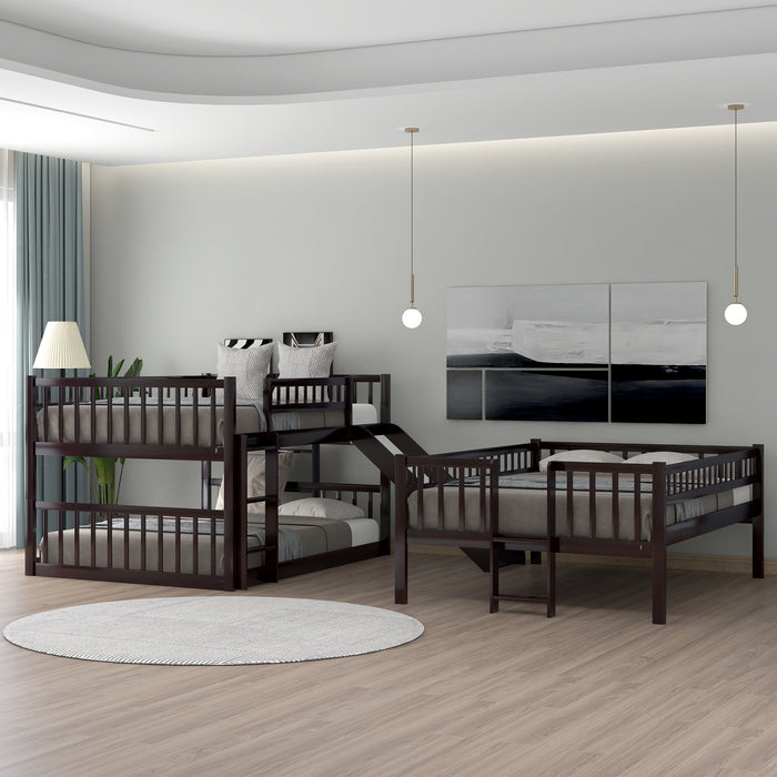 Triple Bed with Built-in Ladder and Slide , Triple Bunk Bed with Guardrails