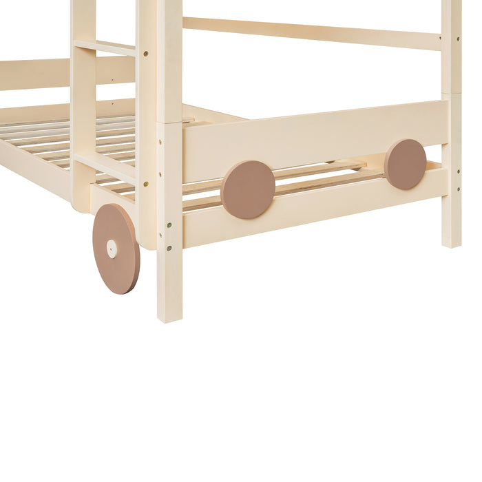 New Space Twin Size Car-Shaped Convertible Bunk Bed, White