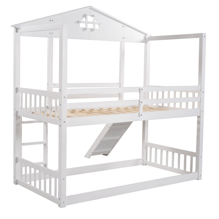 MyRoom Twin Over Twin House Bunk Bed With Convertible Slide And Ladder