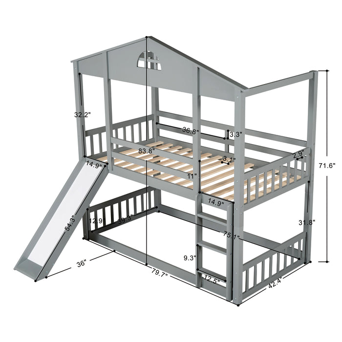 MyRoom Twin Over Twin House Bunk Bed With Convertible Slide And Ladder