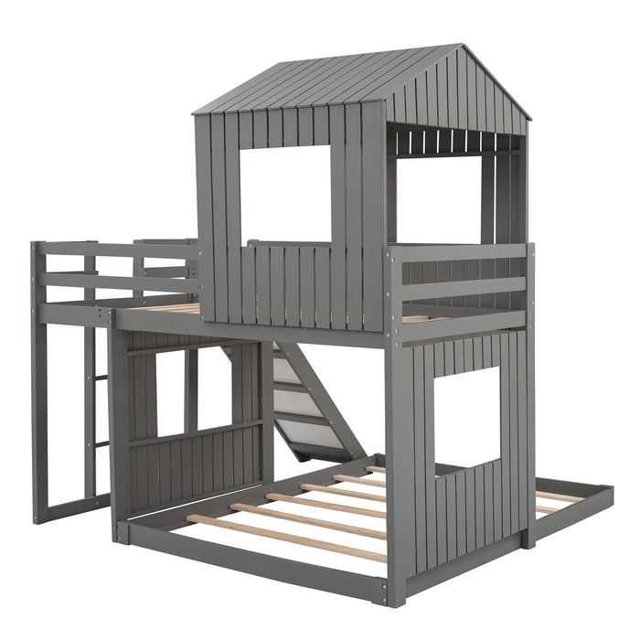 New Space Wooden Twin Over Full Bunk Bed, Loft Bed with Playhouse